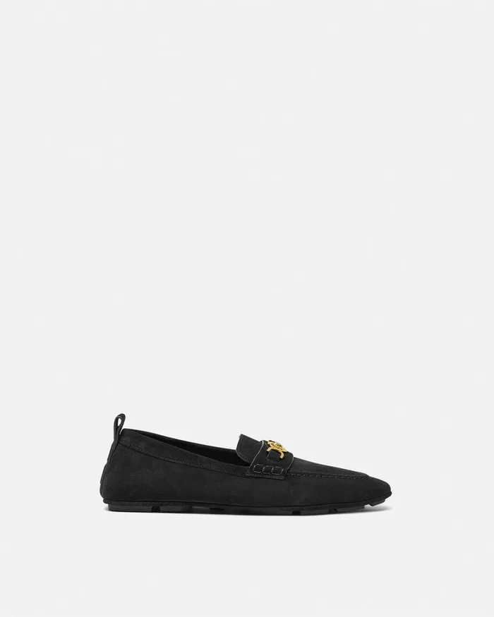 Versace Villa Suede Driver Shoes Blackgold Men Loafers and Slippers