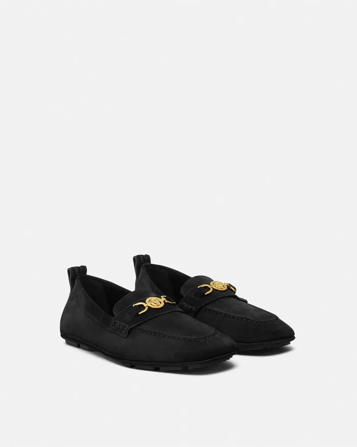 Versace Villa Suede Driver Shoes Blackgold Men Loafers and Slippers