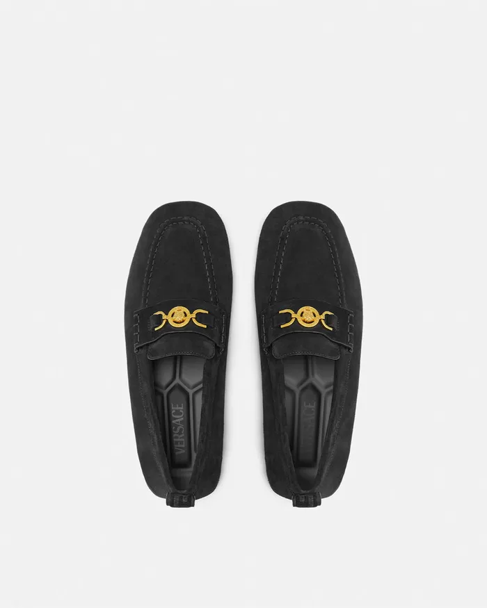 Versace Villa Suede Driver Shoes Blackgold Men Loafers and Slippers