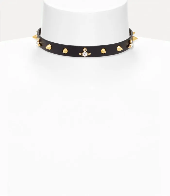 Vivienne Westwood Necklaces Women Lio Choker Gold Black Leather White Crystal