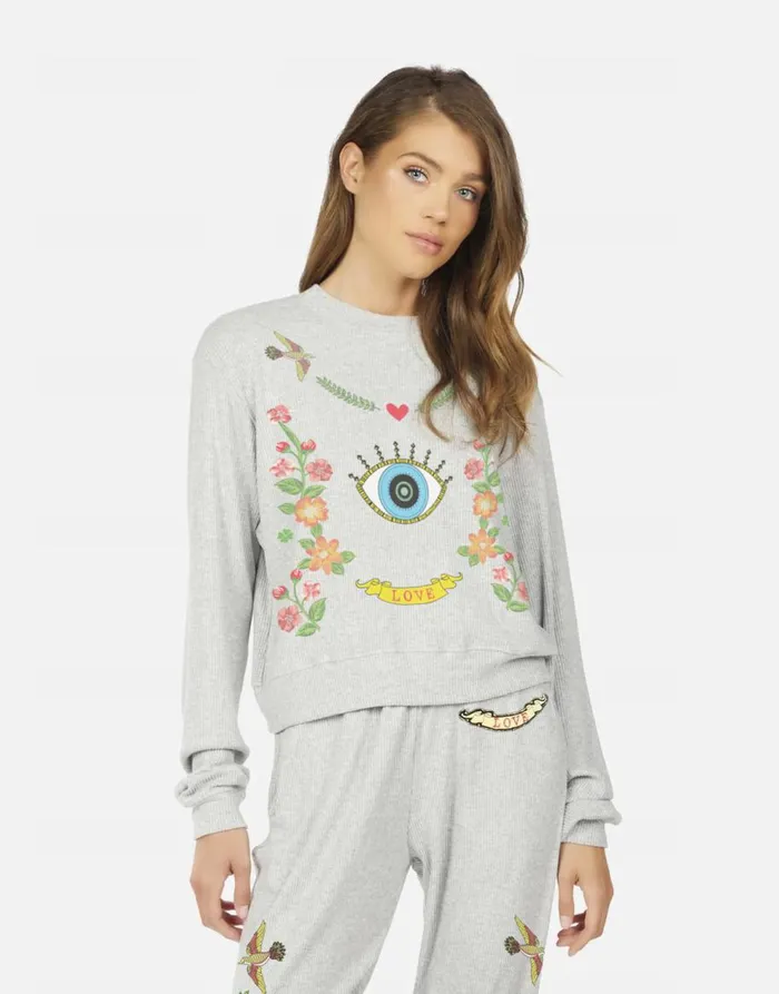 Women039s Kaz Floral Eye Love Heather Grey Lauren Moshi Long Sleeve