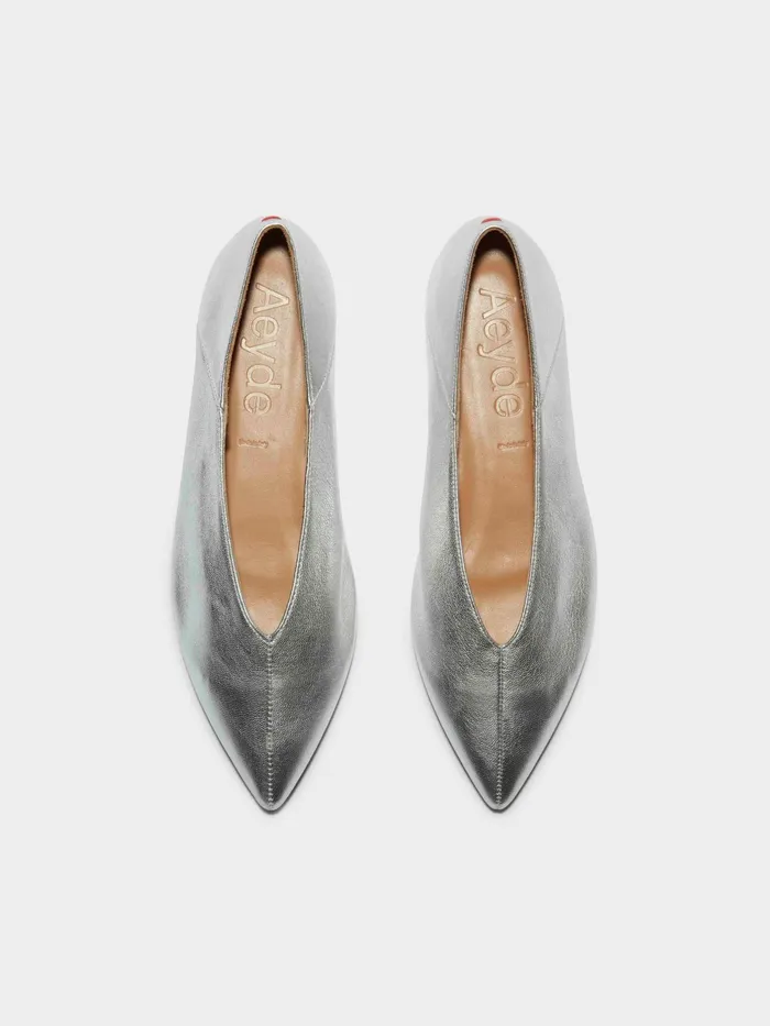 Women Aeyde MOA Silver Pointed Toe Flat Aeyde Flats