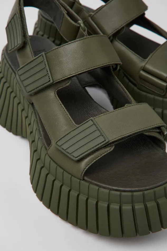 Women BCN Green Leather Sandals Camper Wedges
