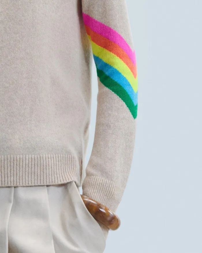 Women Cashmere Sweaters From Future Mock Neck Sweater With Multicolor Striped Sleeves Light Heather Beige