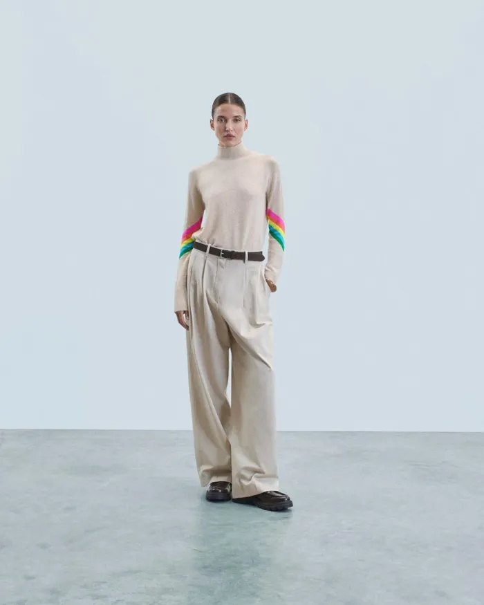 Women Cashmere Sweaters From Future Mock Neck Sweater With Multicolor Striped Sleeves Light Heather Beige