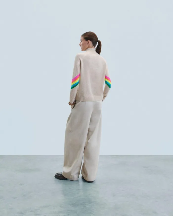 Women Cashmere Sweaters From Future Mock Neck Sweater With Multicolor Striped Sleeves Light Heather Beige