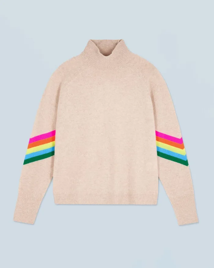 Women Cashmere Sweaters From Future Mock Neck Sweater With Multicolor Striped Sleeves Light Heather Beige