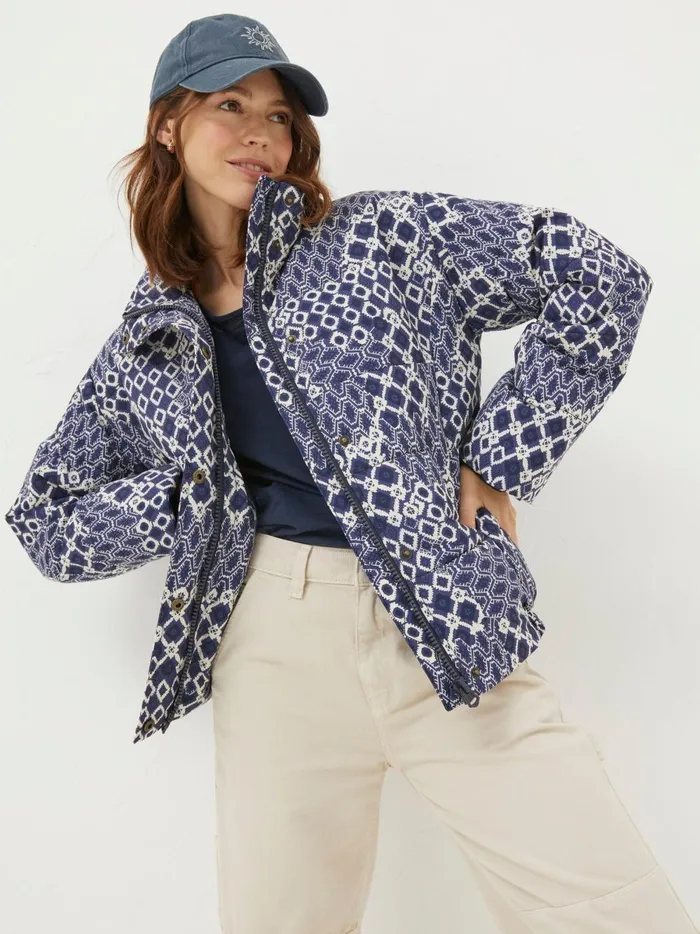 Women Coats and Jackets Fat Face Peri Blue Patchwork Puffer Jacket