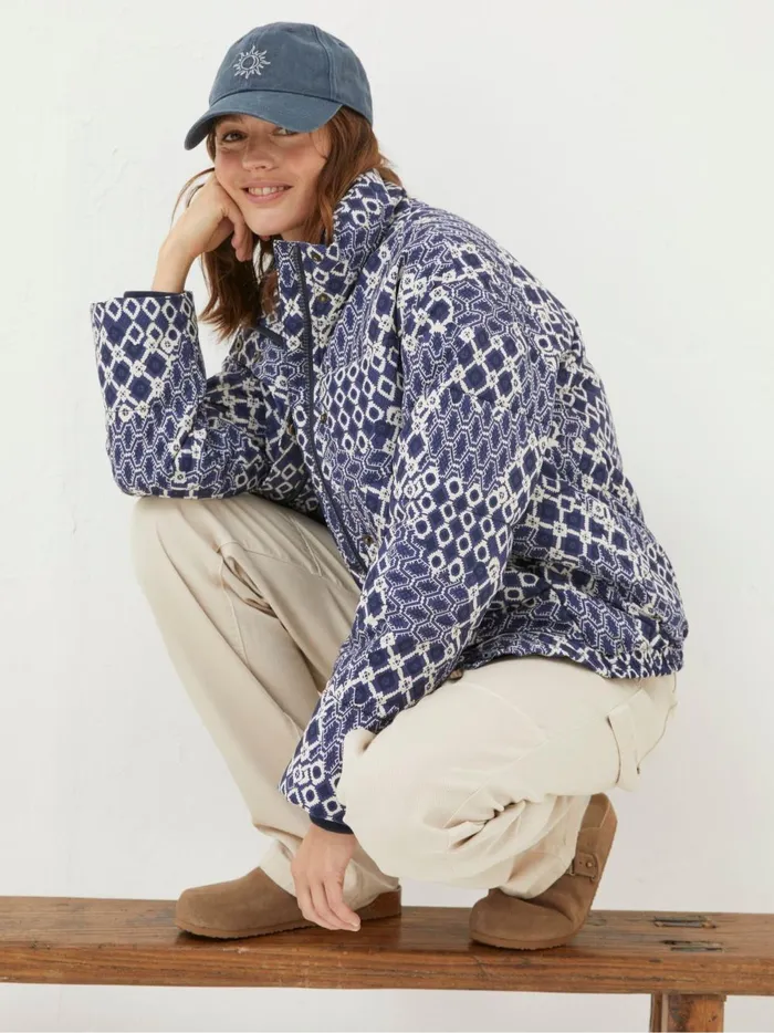 Women Coats and Jackets Fat Face Peri Blue Patchwork Puffer Jacket