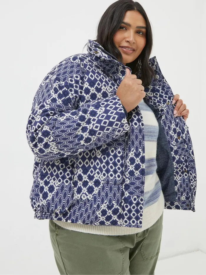 Women Coats and Jackets Fat Face Peri Blue Patchwork Puffer Jacket