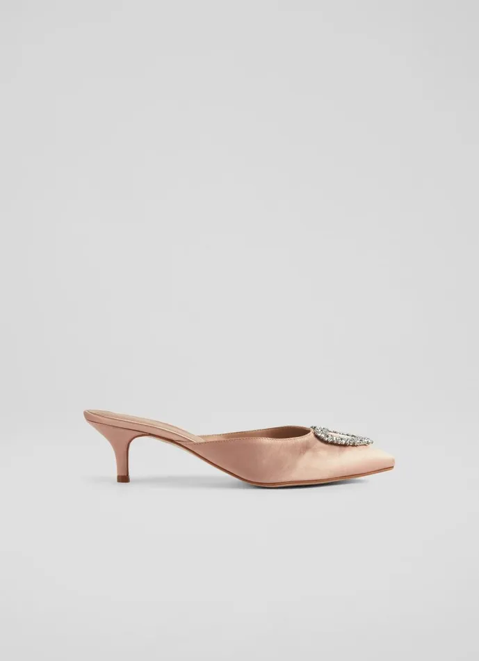 Women Court Shoes LKBennett Estella Beige Satin Heart Brooch Mules Trench