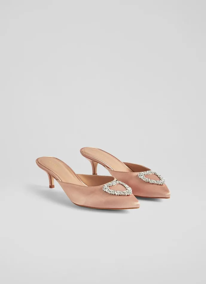 Women Court Shoes LKBennett Estella Beige Satin Heart Brooch Mules Trench Women Court Shoes LKBennett Estella Beige Satin Heart Brooch Mules Trench