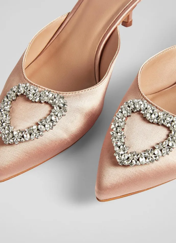 Women Court Shoes LKBennett Estella Beige Satin Heart Brooch Mules Trench Women Court Shoes LKBennett Estella Beige Satin Heart Brooch Mules Trench