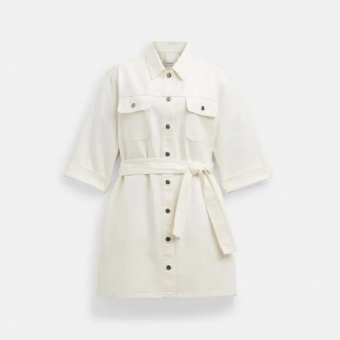 Women Dresses Coach Denim Short Sleeve Dress White