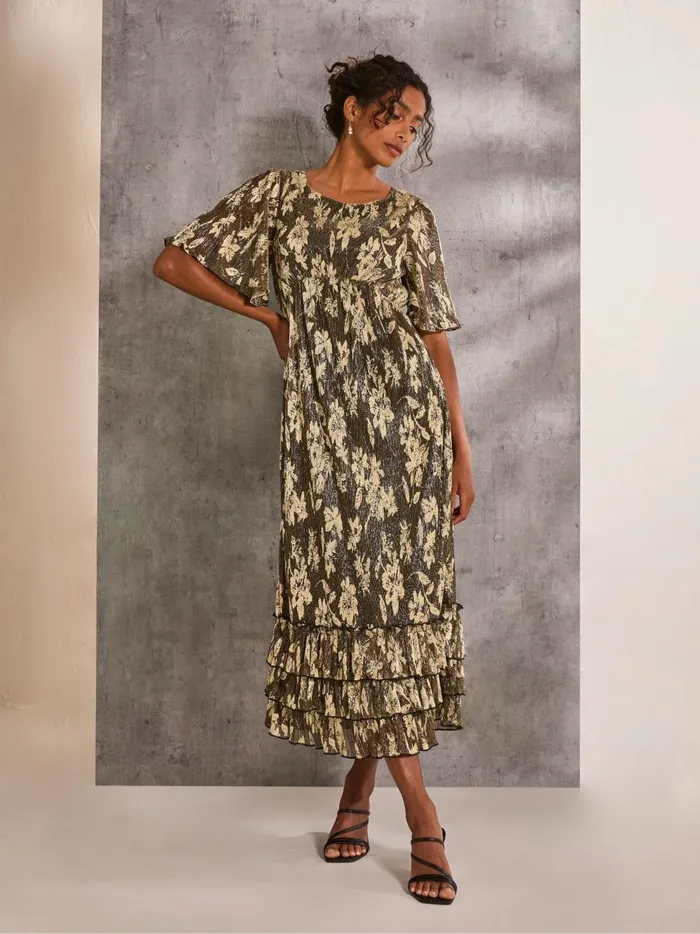 Women Dresses Fat Face Lucia Gold Foil Plisse Maxi Dress