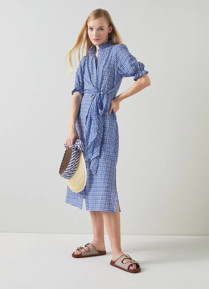 Women Dresses LKBennett Soleil Blue Seersucker Check CottonRich Dress Blue White
