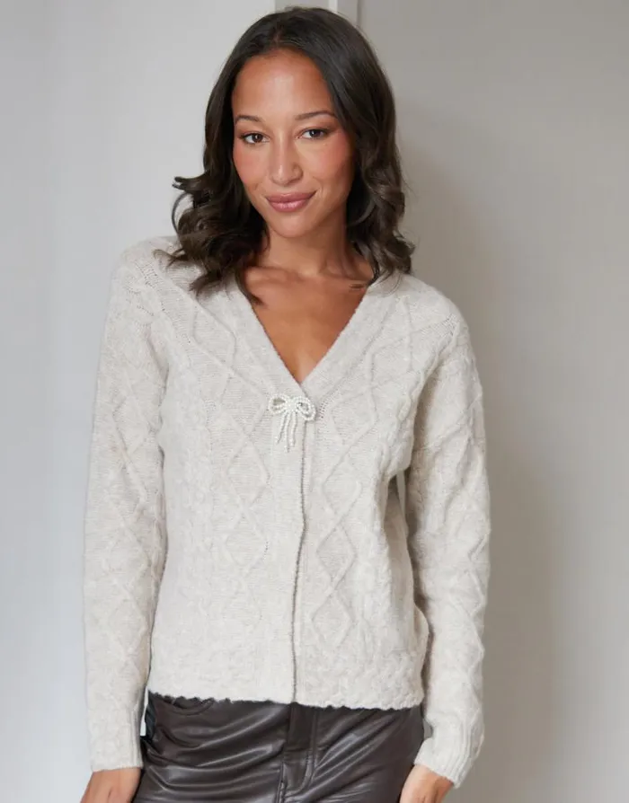 Women Ecru Bow Detail Cable Knit Cardigan Threadbare Cardigans