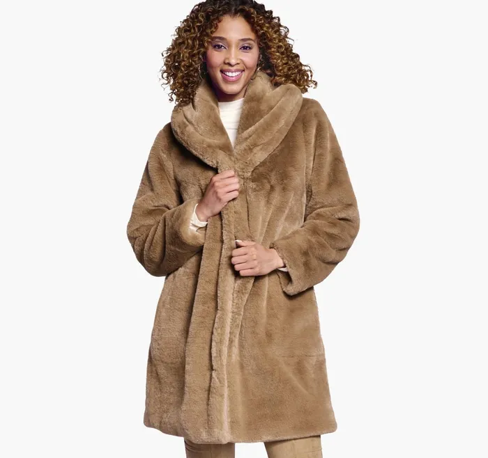 Women FauxFur ShawlCollar Coat Camel JohnstonandMurphy Coats Jackets and Vests