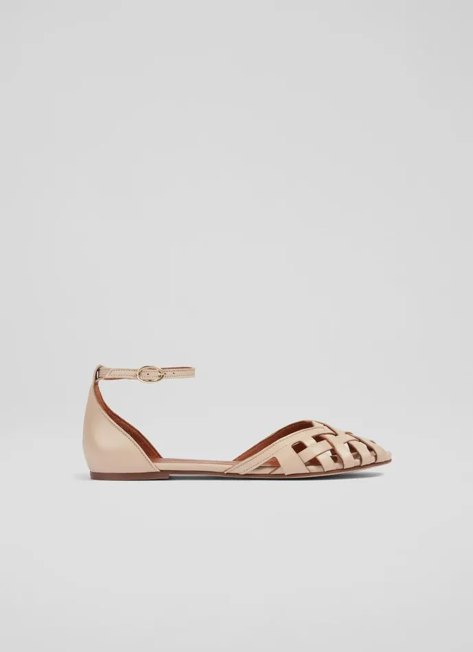 Women Flats LKBennett Bianca Camel Leather CageFront Flat Sandals Pale Camel