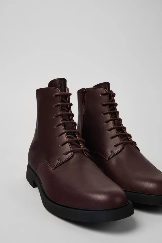 Women Iman Burgundy Leather Laceup Boots Camper Ankle Boots