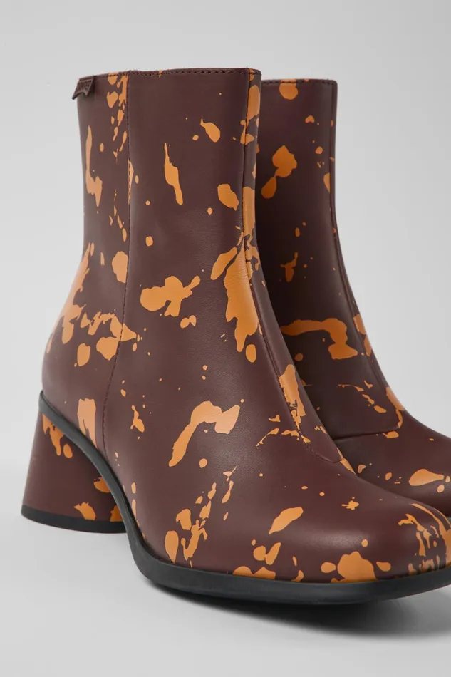 Women Kiara Burgundy And Orange Printed Leather Ankle Boots Camper Ankle Boots