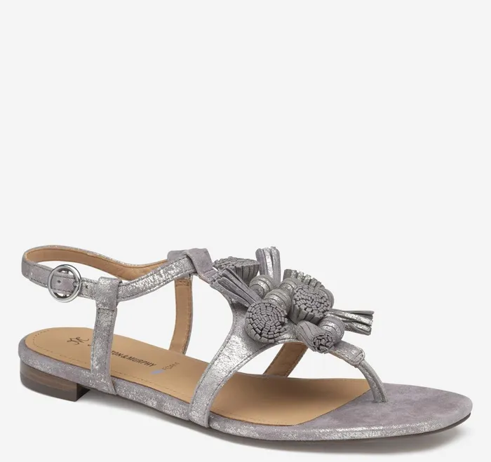 Women Lilly Tassel Thong Silver Metallic Kid Suede JohnstonandMurphy Sandals