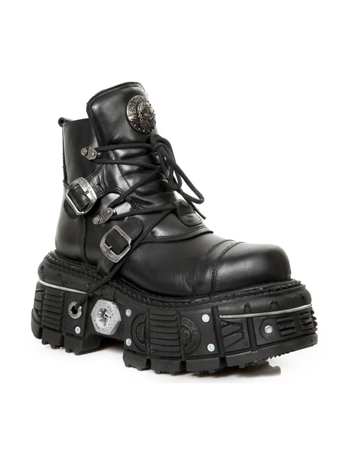 WomenMen Ankle Boot Black Imperfect With Laces MTank007S1 New Rock Booties