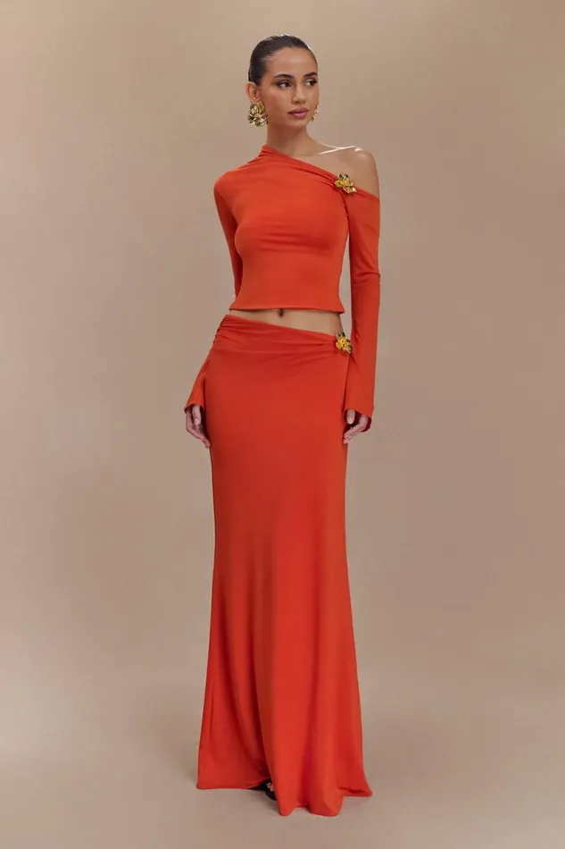 Women Meshki Bottoms Ainsley Asymmetrical Maxi Skirt With Floral Hardware 8211 Burnt Orange