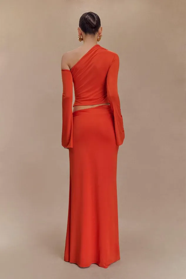 Women Meshki Bottoms Ainsley Asymmetrical Maxi Skirt With Floral Hardware 8211 Burnt Orange