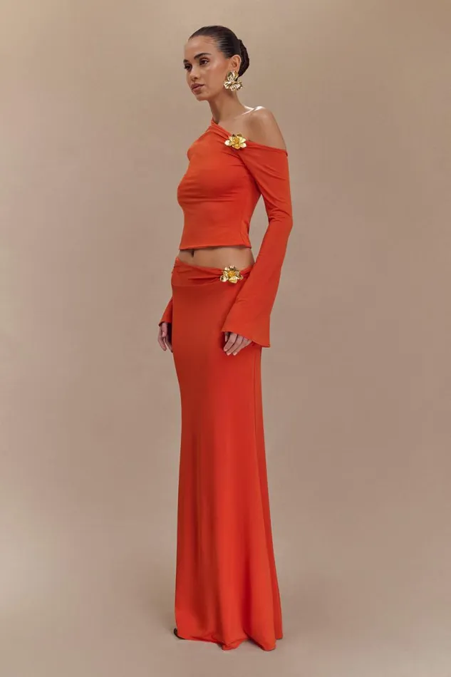Women Meshki Bottoms Ainsley Asymmetrical Maxi Skirt With Floral Hardware 8211 Burnt Orange