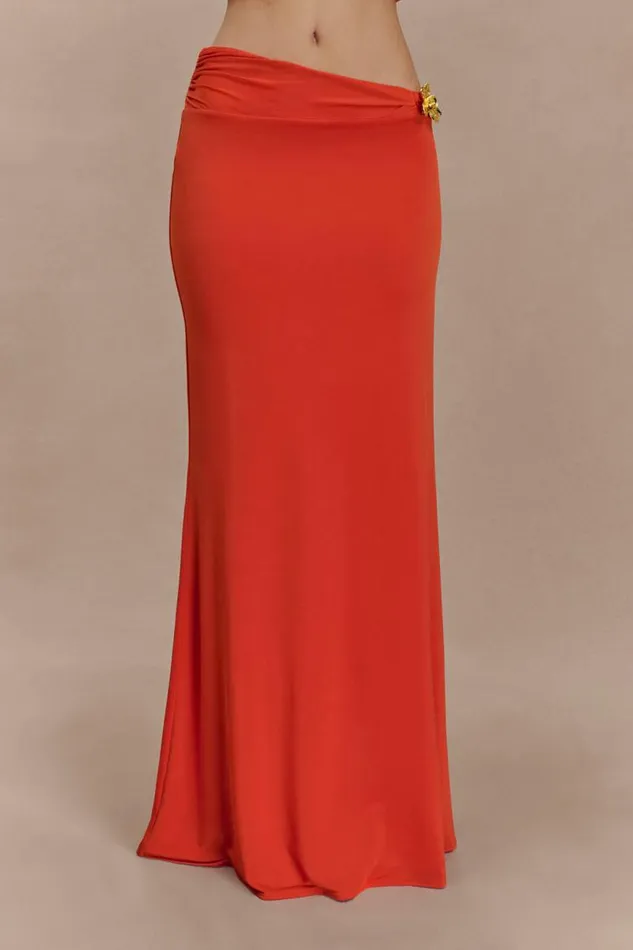 Women Meshki Bottoms Ainsley Asymmetrical Maxi Skirt With Floral Hardware 8211 Burnt Orange