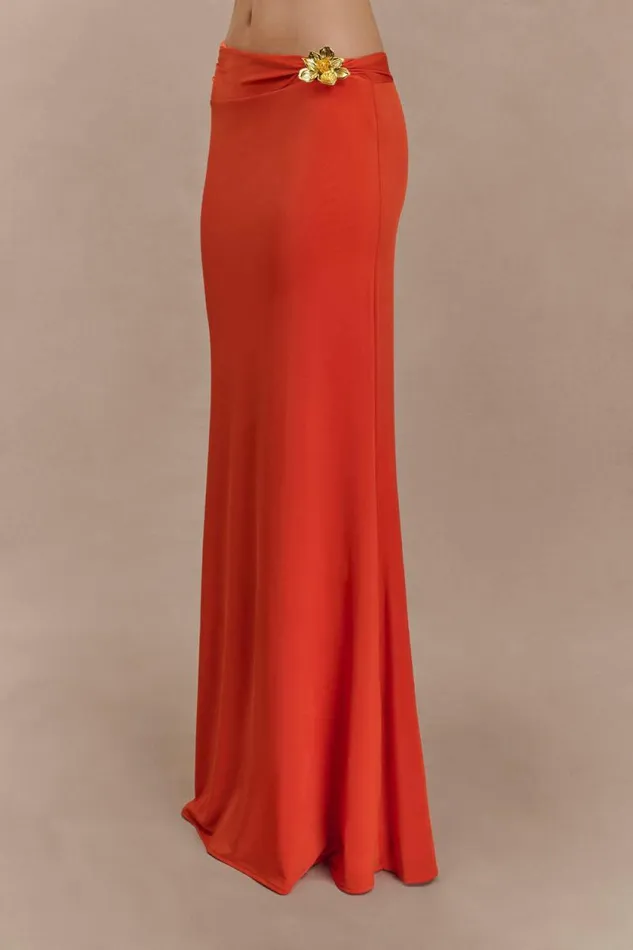 Women Meshki Bottoms Ainsley Asymmetrical Maxi Skirt With Floral Hardware 8211 Burnt Orange
