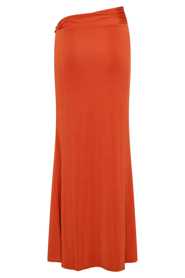 Women Meshki Bottoms Ainsley Asymmetrical Maxi Skirt With Floral Hardware 8211 Burnt Orange
