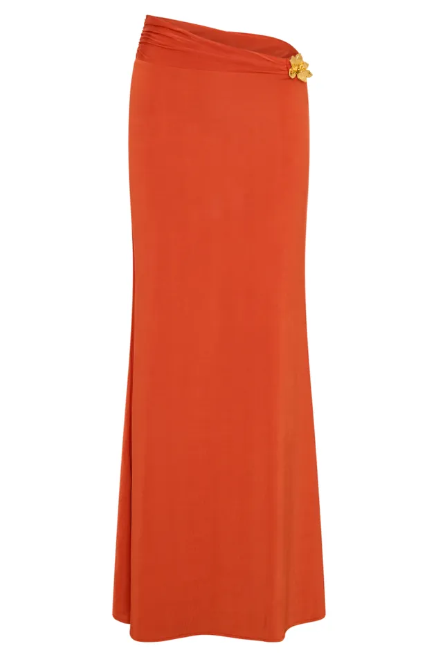 Women Meshki Bottoms Ainsley Asymmetrical Maxi Skirt With Floral Hardware 8211 Burnt Orange