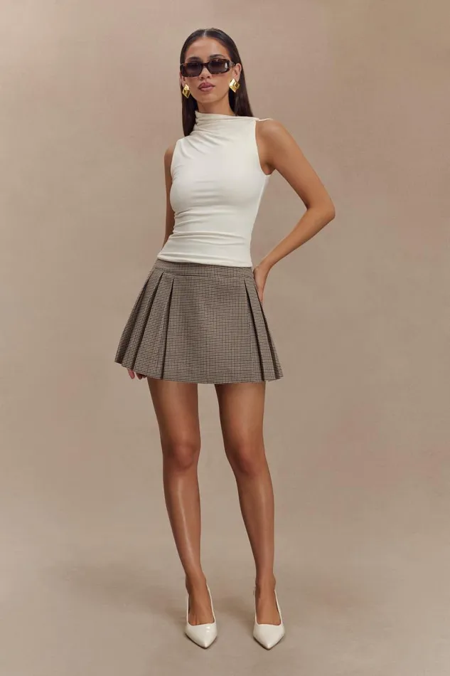 Women Meshki Bottoms Angie Pleated Buckle Mini Skirt 8211 Tan Check