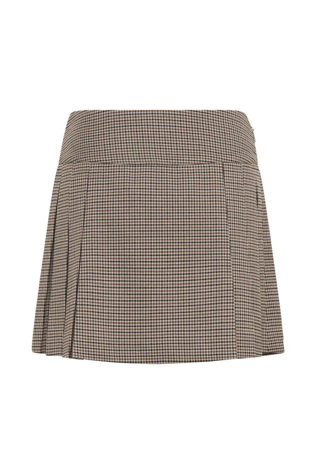 Women Meshki Bottoms Angie Pleated Buckle Mini Skirt 8211 Tan Check