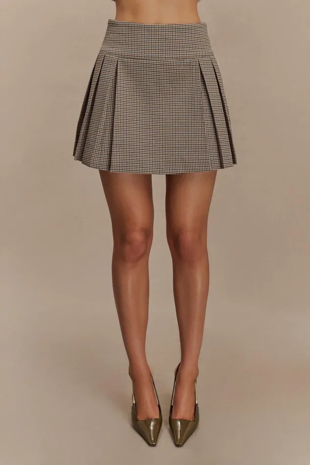 Women Meshki Bottoms Angie Pleated Buckle Mini Skirt 8211 Tan Check