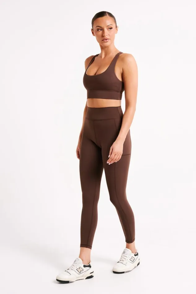 Women Meshki Bottoms Briar V Back Leggings With Pockets 8211 Dark Chocolate