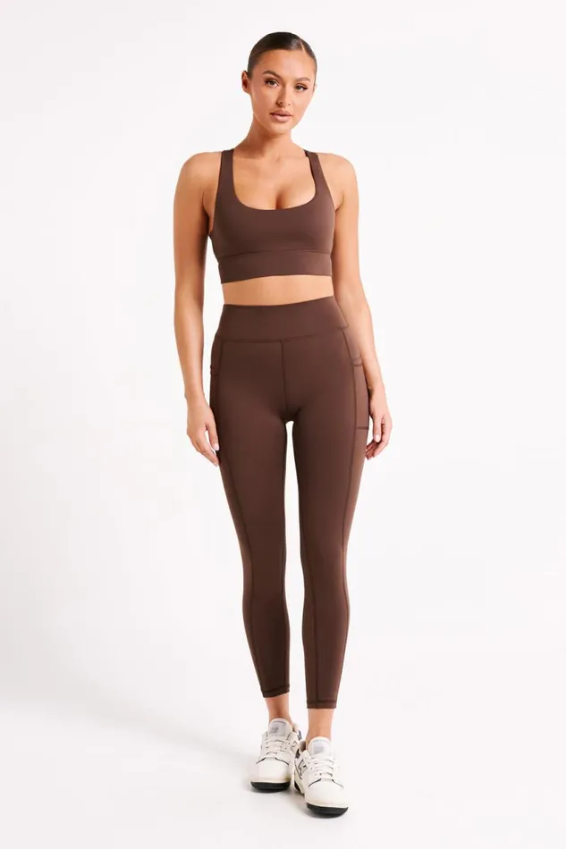 Women Meshki Bottoms Briar V Back Leggings With Pockets 8211 Dark Chocolate
