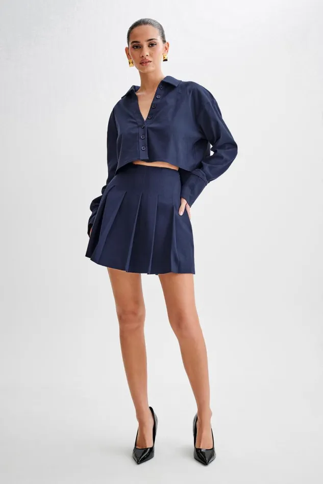 Women Meshki Bottoms Julianna Cotton Pleated Mini Skirt 8211 Navy