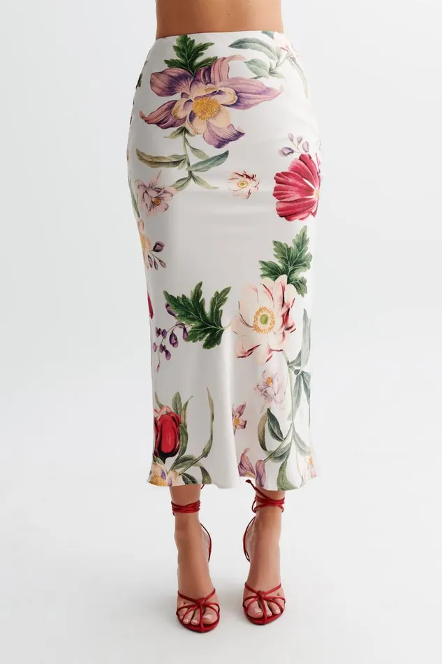 Women Meshki Bottoms Viviana Satin Midi Skirt 8211 Bella Rosa Print