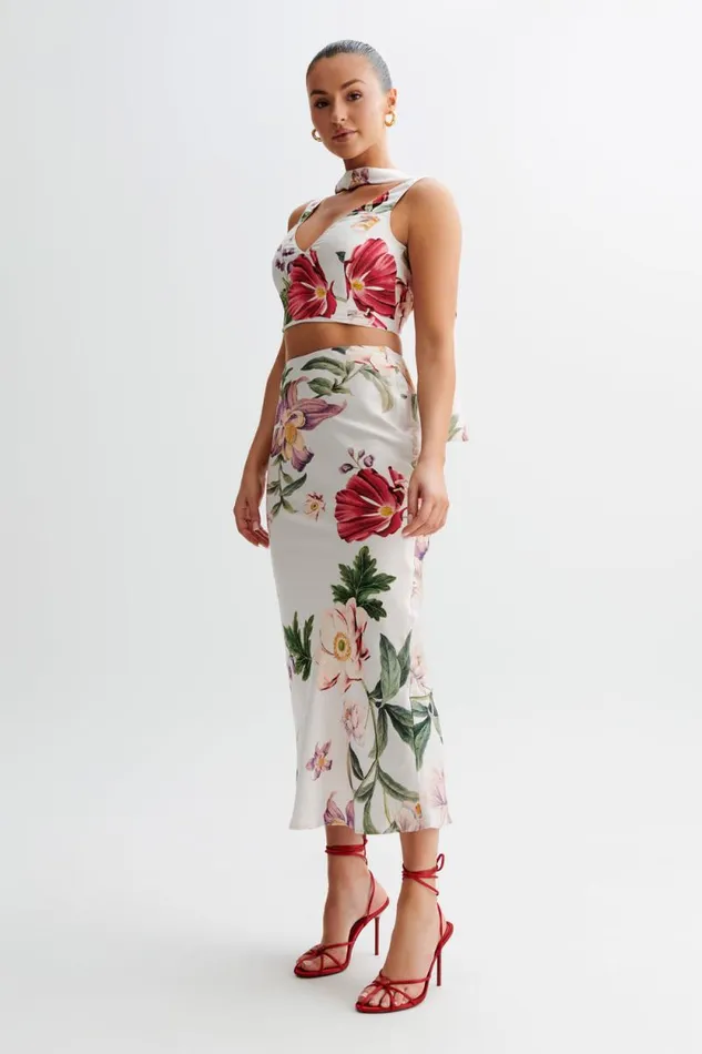 Women Meshki Bottoms Viviana Satin Midi Skirt 8211 Bella Rosa Print