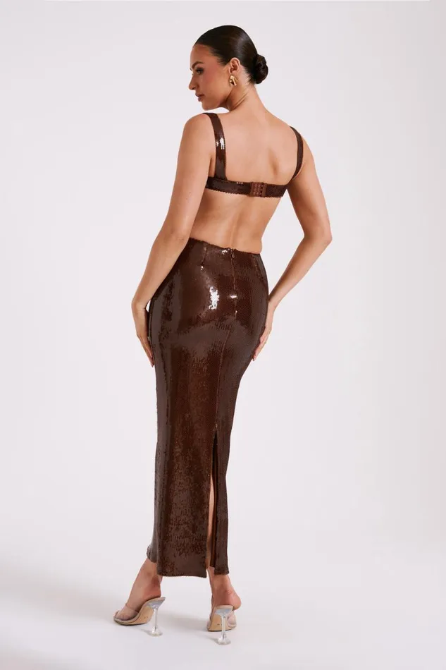 Women Meshki Dresses Adoria Sequin Cut Out Maxi Dress 8211 Chocolate