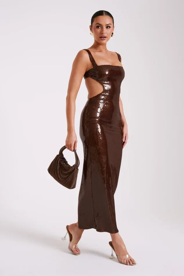 Women Meshki Dresses Adoria Sequin Cut Out Maxi Dress 8211 Chocolate