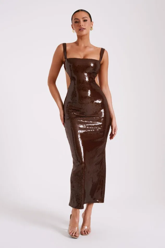 Women Meshki Dresses Adoria Sequin Cut Out Maxi Dress 8211 Chocolate