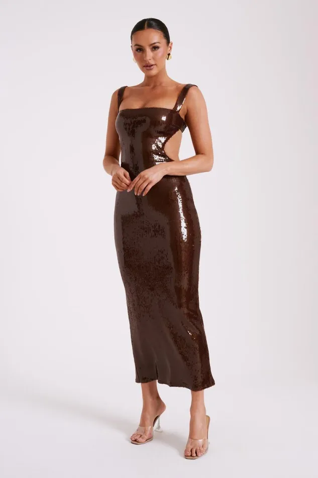 Women Meshki Dresses Adoria Sequin Cut Out Maxi Dress 8211 Chocolate