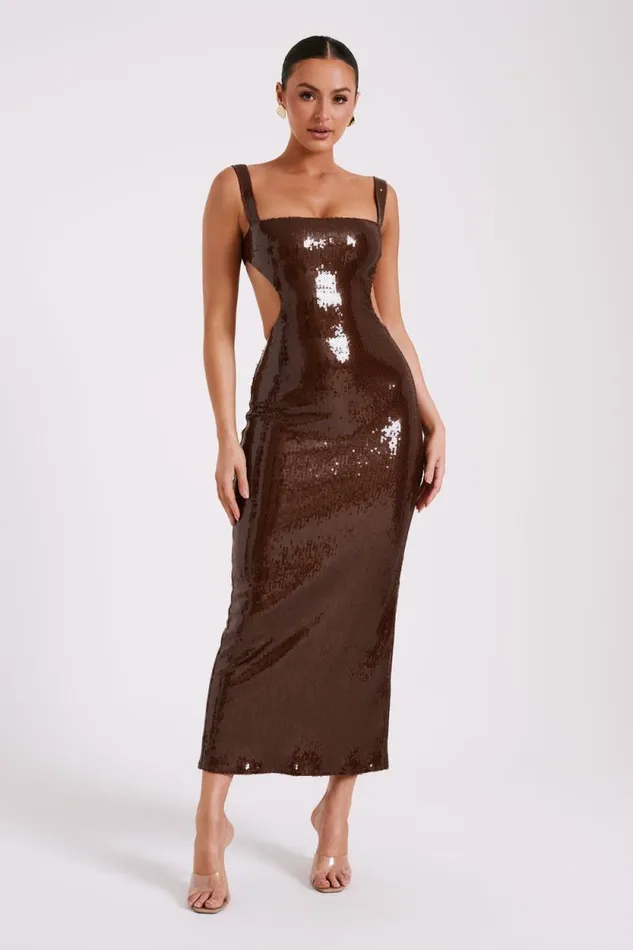 Women Meshki Dresses Adoria Sequin Cut Out Maxi Dress 8211 Chocolate