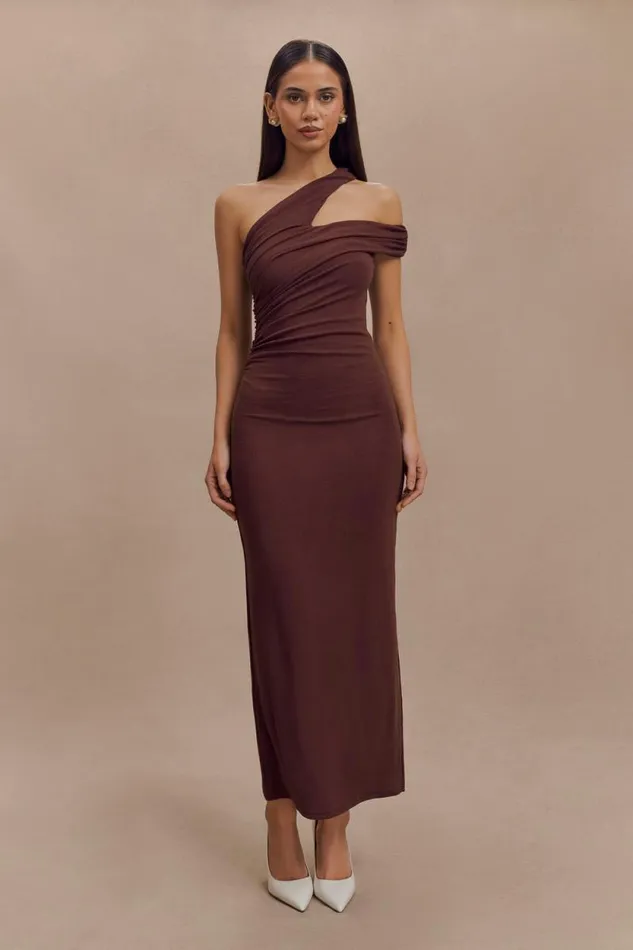 Women Meshki Dresses Anastasia One Shoulder Modal Midi Dress 8211 Mahogany