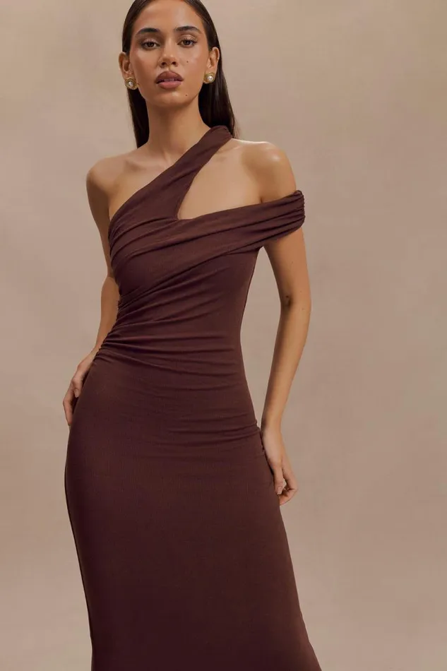 Women Meshki Dresses Anastasia One Shoulder Modal Midi Dress 8211 Mahogany