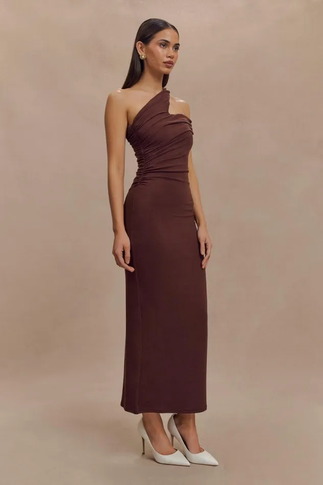 Women Meshki Dresses Anastasia One Shoulder Modal Midi Dress 8211 Mahogany